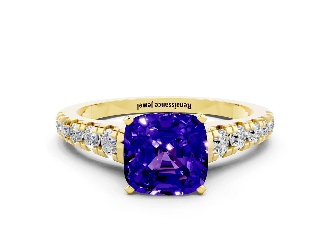 Yellow gold Fancy White Cushion Cut Tanzanite Solitaire Ring with Cathedral Setting and Pavé Band