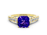 Yellow gold Fancy White Cushion Cut Tanzanite Solitaire Ring with Cathedral Setting and Pavé Band