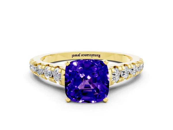 Yellow gold Cushion Cut Tanzanite Cathedral Solitaire Ring with Round  Pavé Band