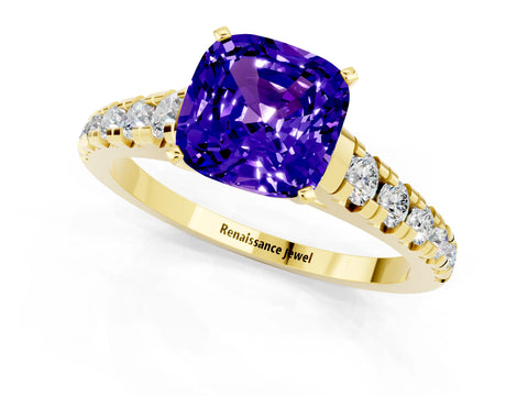 Yellow gold Fancy White Cushion Cut Tanzanite Solitaire Ring with Cathedral Setting and Pavé Band_1