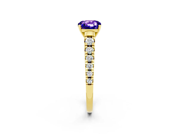 Yellow gold Cushion Cut Tanzanite Cathedral Solitaire Ring with Round  Pavé Band
