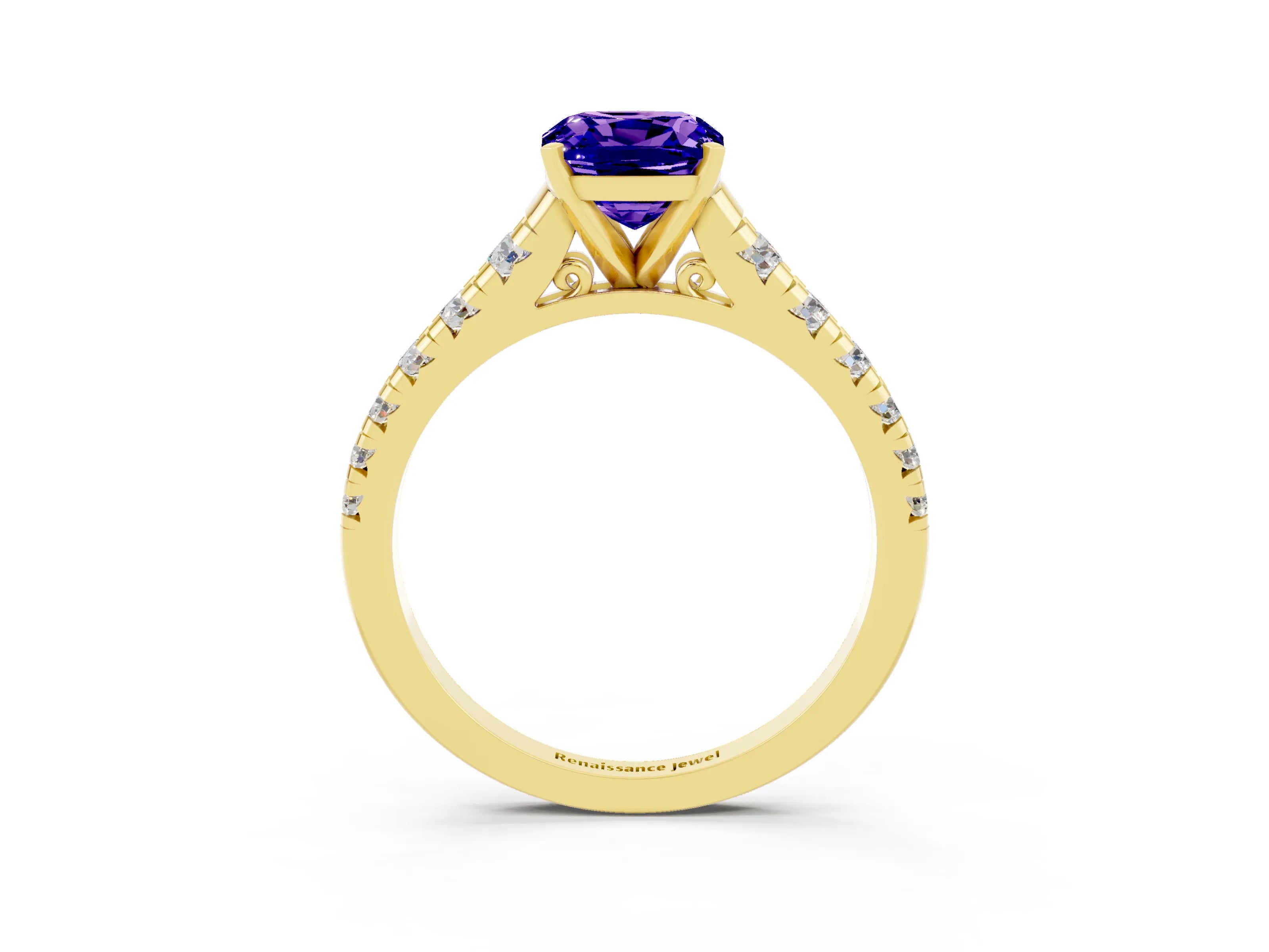 Yellow gold Fancy White Cushion Cut Tanzanite Solitaire Ring with Cathedral Setting and Pavé Band_3