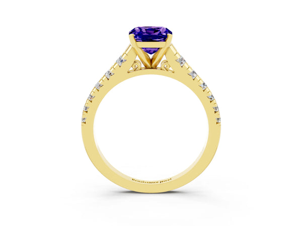 Yellow gold Cushion Cut Tanzanite Cathedral Solitaire Ring with Round  Pavé Band