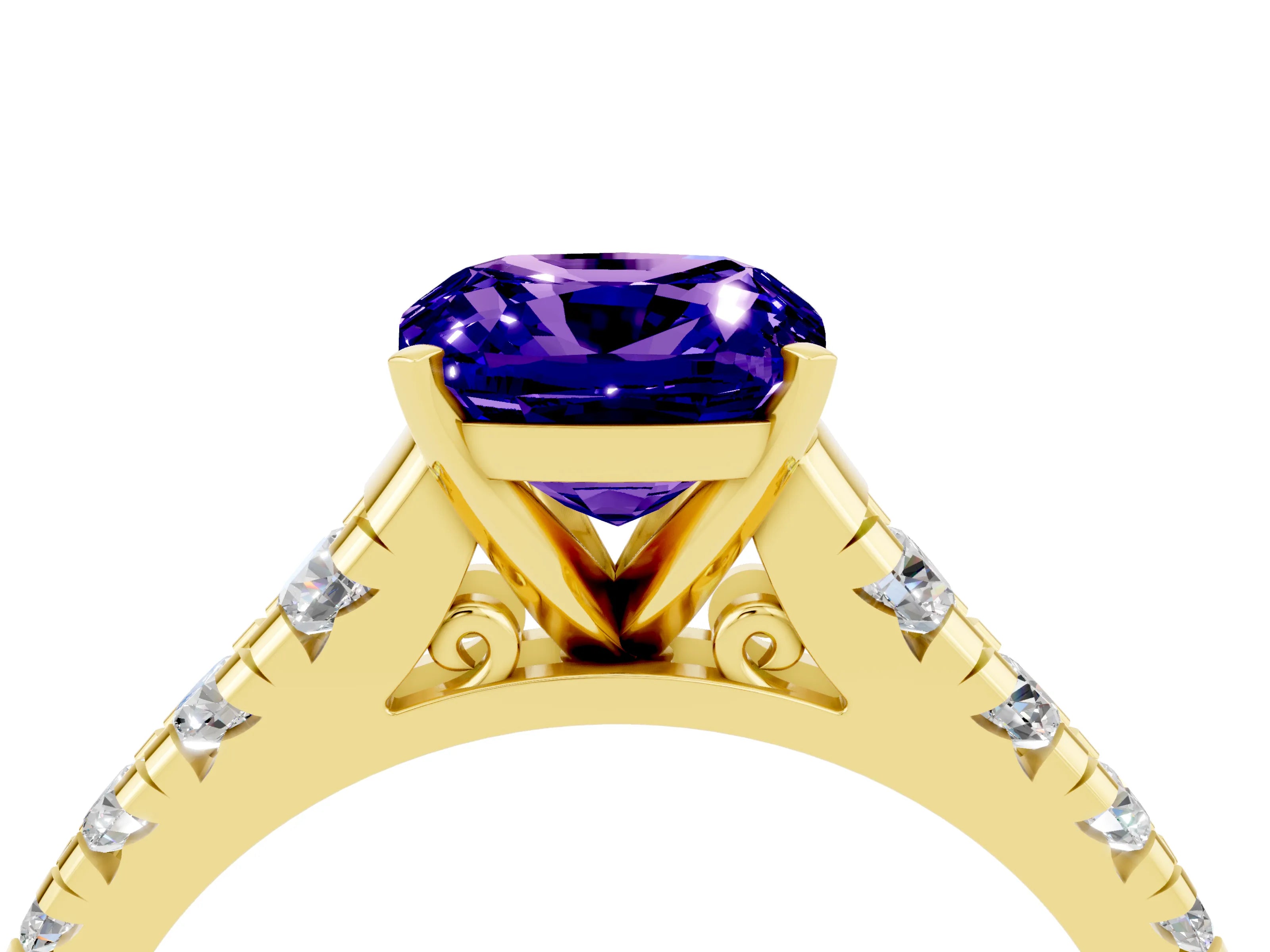 Yellow gold Fancy White Cushion Cut Tanzanite Solitaire Ring with Cathedral Setting and Pavé Band_4