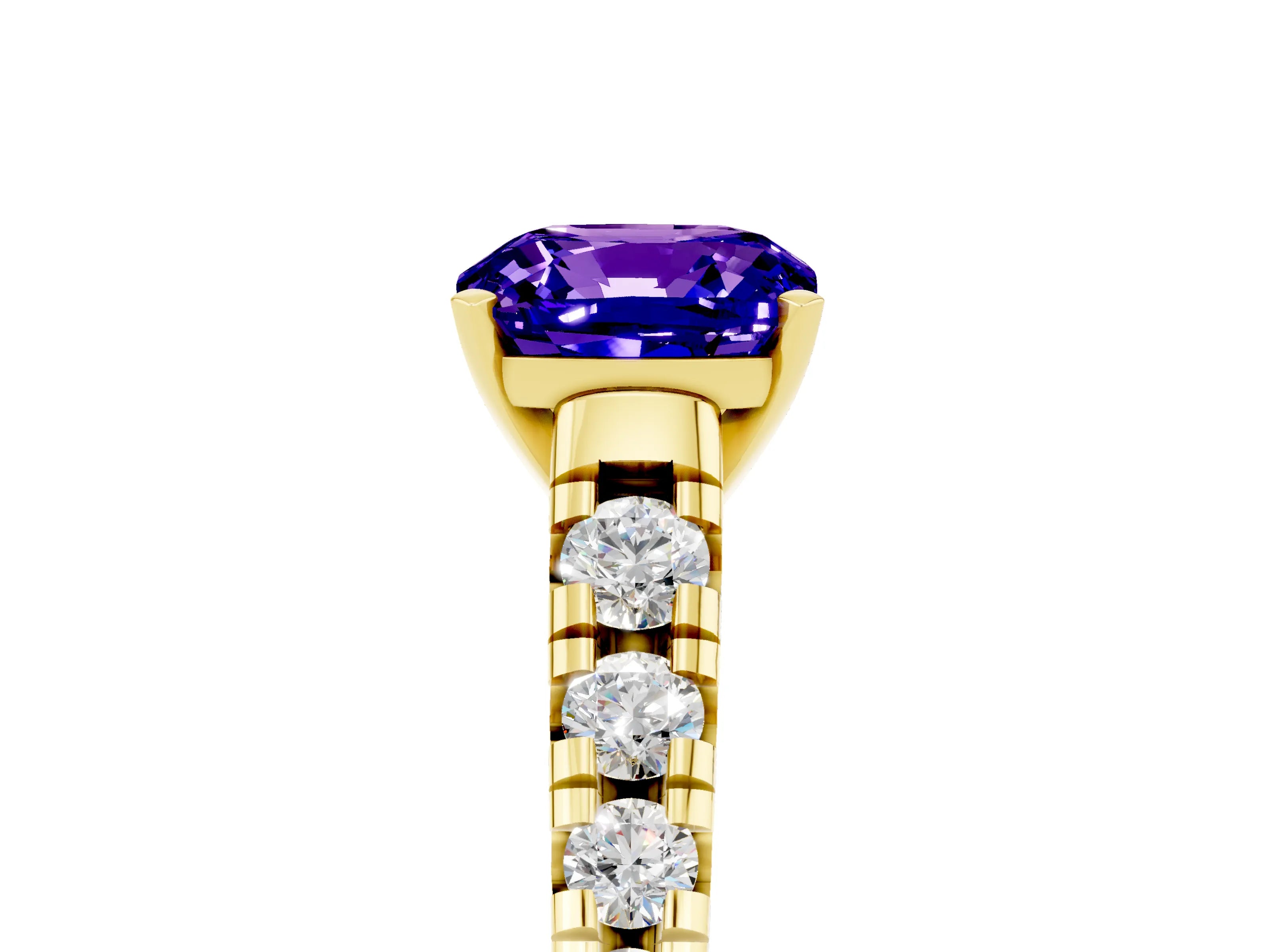 Yellow gold Fancy White Cushion Cut Tanzanite Solitaire Ring with Cathedral Setting and Pavé Band_5