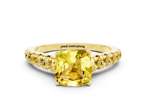 Yellow gold Fancy White Cushion Cut Yellow Sapphire Solitaire Ring with Cathedral Setting and Pavé Band