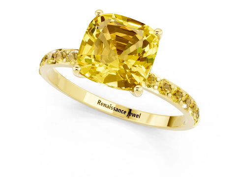 Yellow gold Fancy White Cushion Cut Yellow Sapphire Solitaire Ring with Pave Band and Four Prong Setting_1