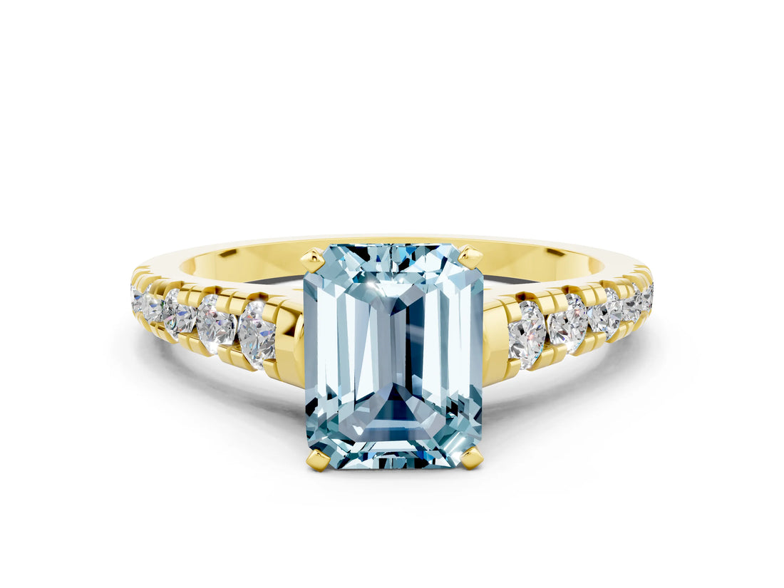 Yellow gold Fancy White Emerald Cut Aquamarine Solitaire Ring with Cathedral Setting and Pavé Band
