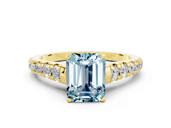 Yellow gold Emerald Cut Aquamarine Cathedral Solitaire Ring with Round  Pavé Band