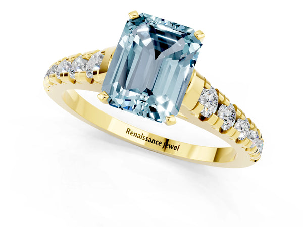 Yellow gold Emerald Cut Aquamarine Cathedral Solitaire Ring with Round  Pavé Band