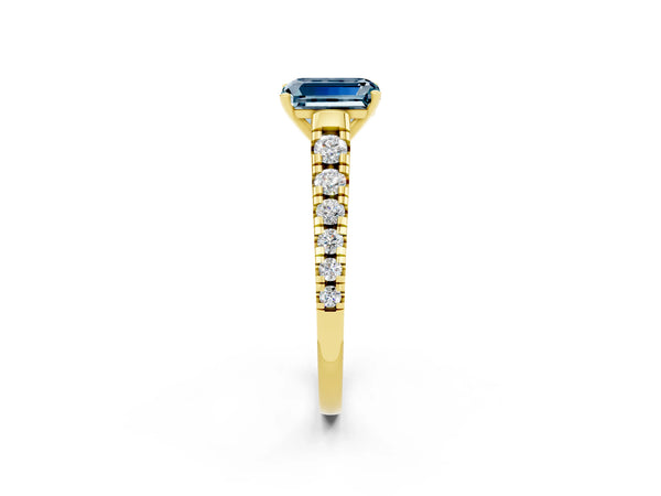 Yellow gold Emerald Cut Aquamarine Cathedral Solitaire Ring with Round  Pavé Band