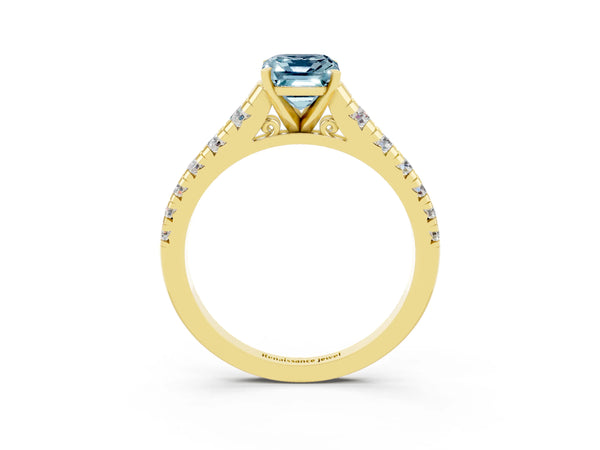 Yellow gold Emerald Cut Aquamarine Cathedral Solitaire Ring with Round  Pavé Band