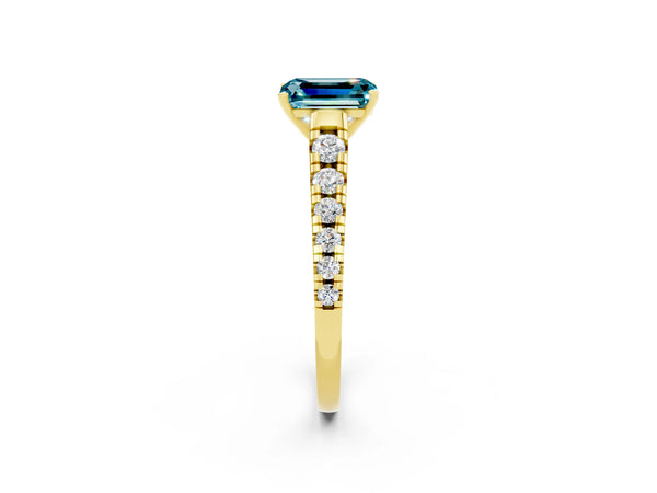 Yellow gold Emerald Cut Blue Topaz Cathedral Solitaire Ring with Round  Pavé Band
