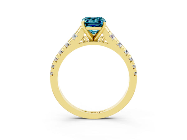 Yellow gold Emerald Cut Blue Topaz Cathedral Solitaire Ring with Round  Pavé Band