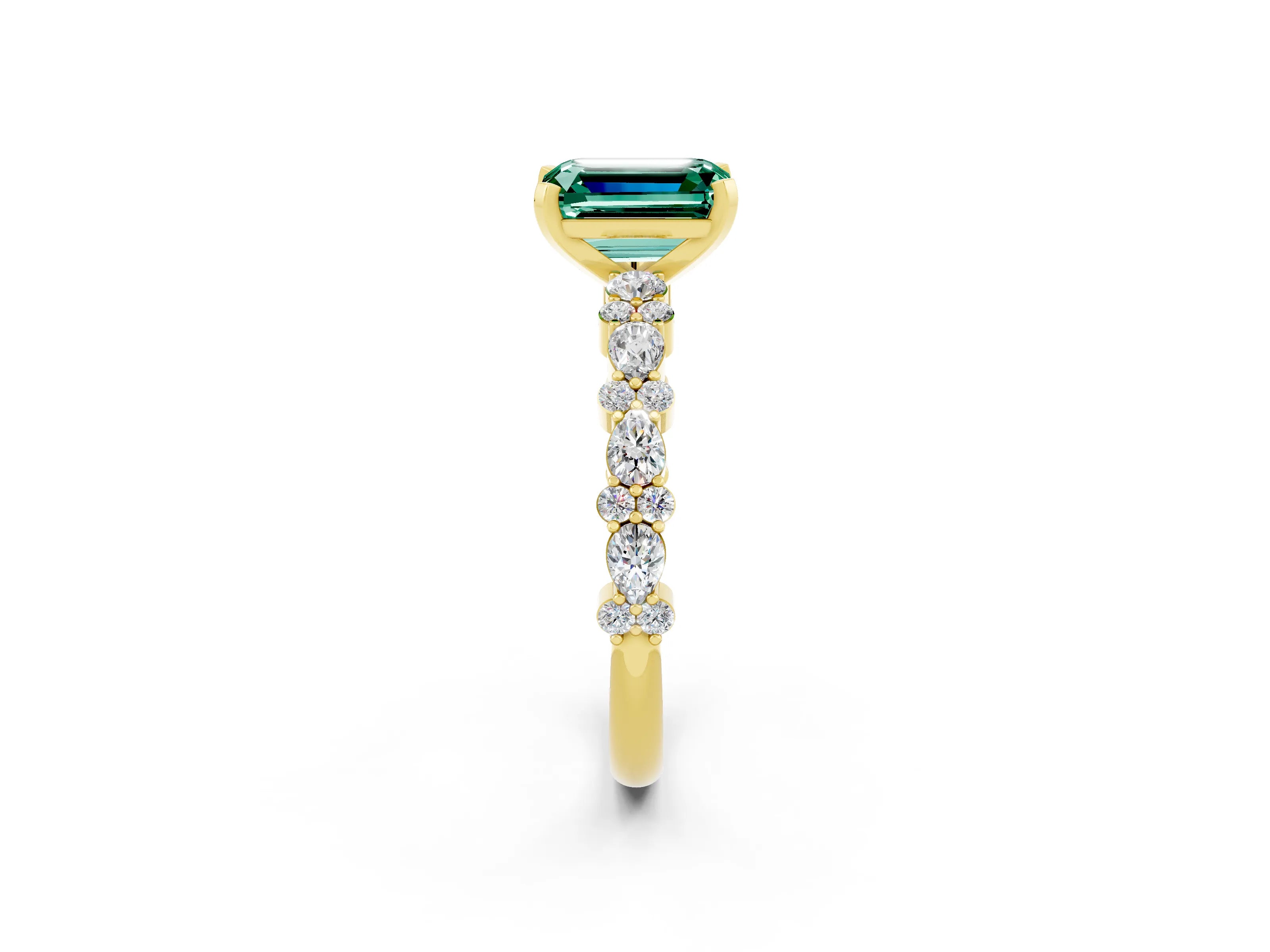 Yellow gold Fancy White Emerald Cut Green Sapphire Solitaire with Side Stones, Pave Band, Four-Prong Setting_14