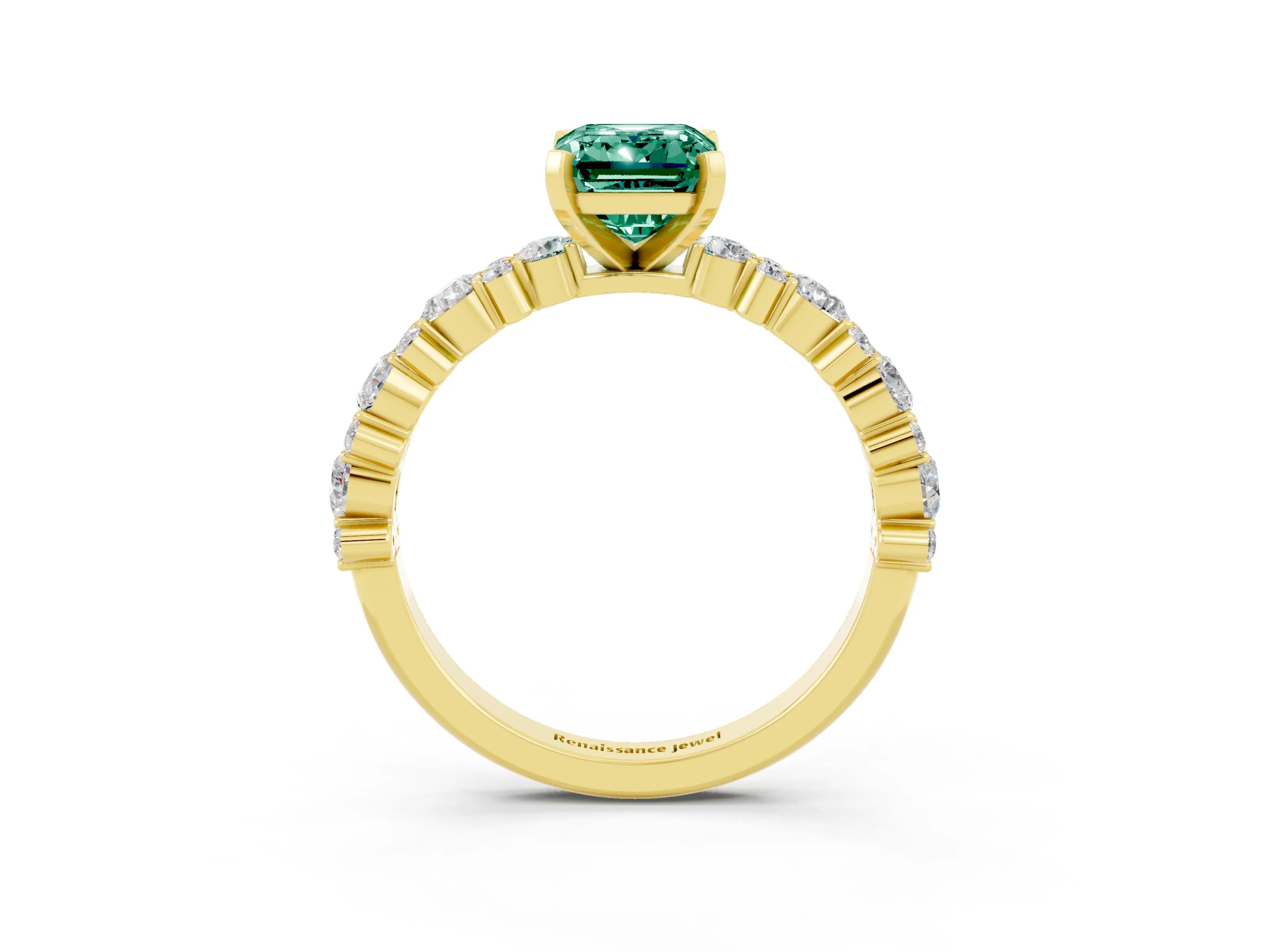 Yellow gold Fancy White Emerald Cut Green Sapphire Solitaire with Side Stones, Pave Band, Four-Prong Setting_15