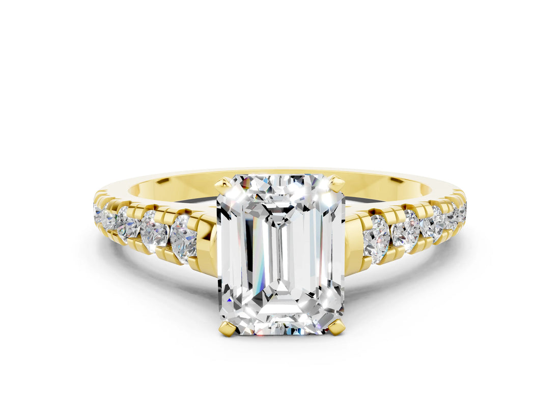 Yellow gold Fancy White Emerald Cut Moissanite Solitaire Ring with Cathedral Setting and Pavé Band