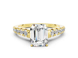 Yellow gold Fancy White Emerald Cut Moissanite Solitaire Ring with Cathedral Setting and Pavé Band