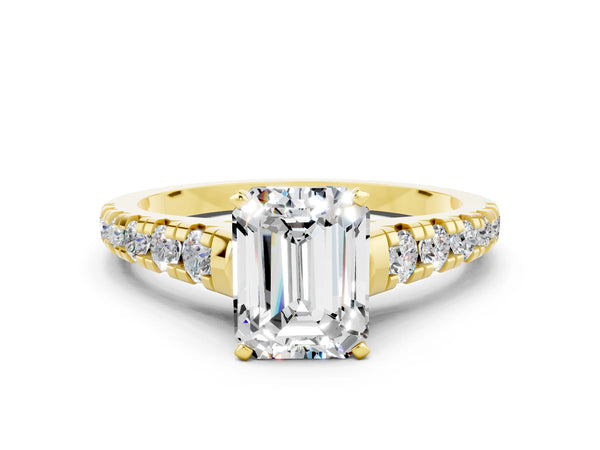 Yellow gold Emerald Cut Moissanite Cathedral Solitaire Ring with Round  Pavé Band