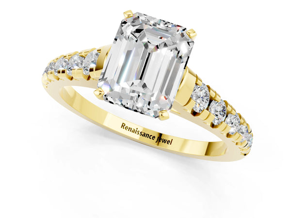 Yellow gold Emerald Cut Moissanite Cathedral Solitaire Ring with Round  Pavé Band