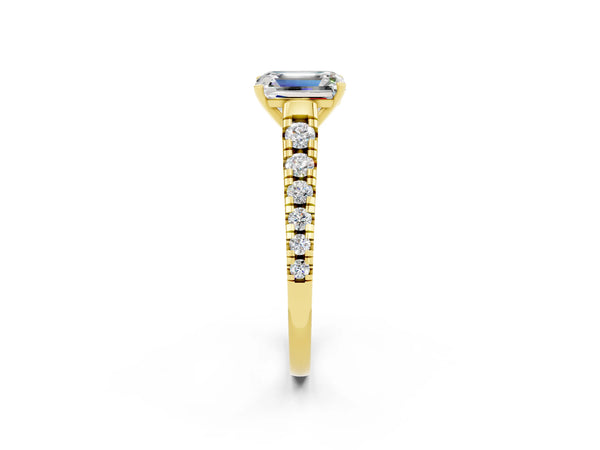 Yellow gold Emerald Cut Moissanite Cathedral Solitaire Ring with Round  Pavé Band