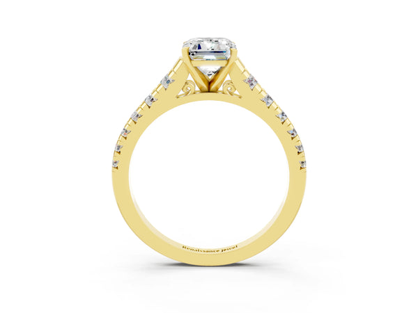 Yellow gold Emerald Cut Moissanite Cathedral Solitaire Ring with Round  Pavé Band