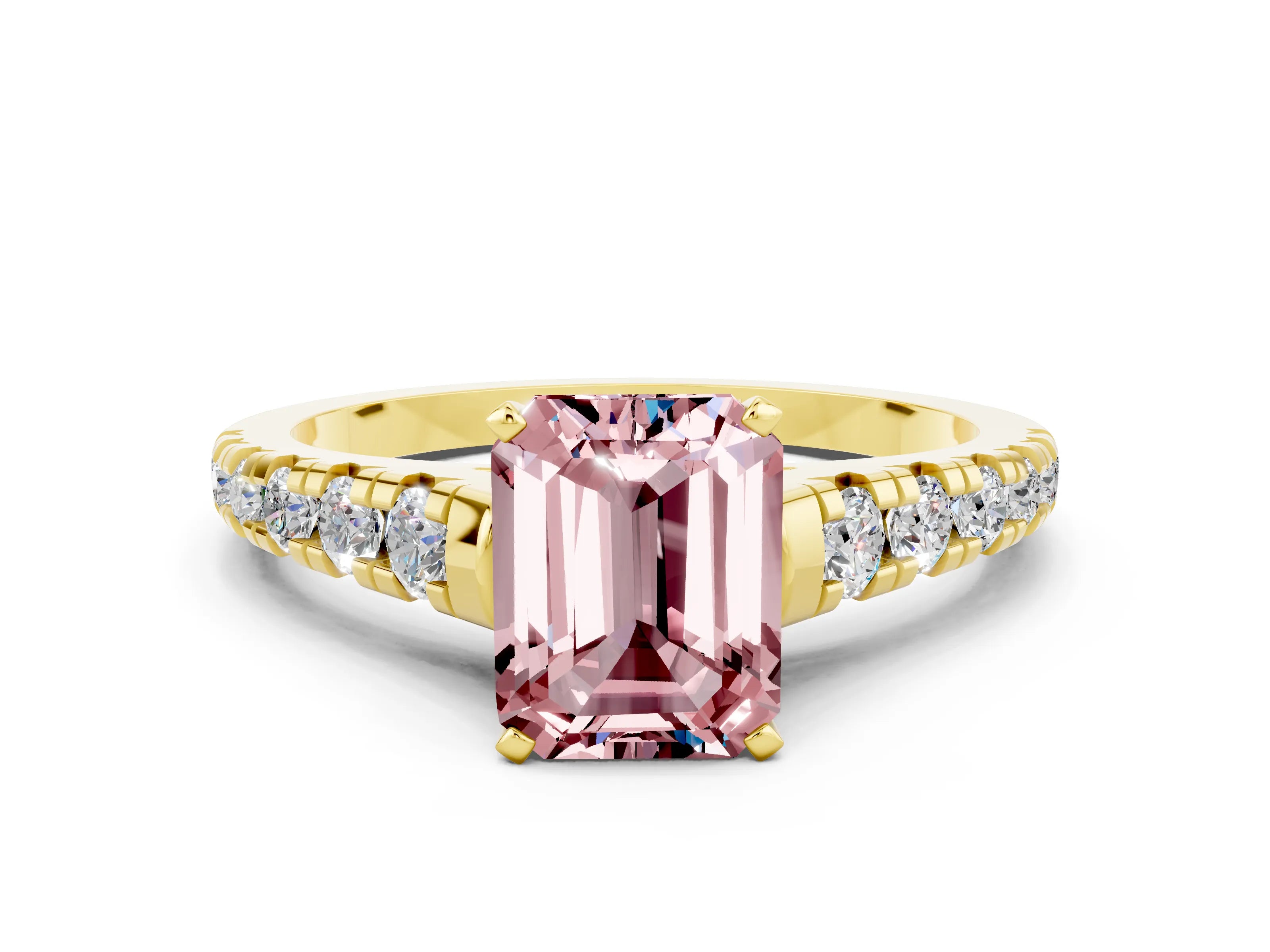 Yellow gold Fancy White Emerald Cut Morganite Solitaire Ring with Cathedral Setting and Pavé Band