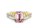 Yellow gold Fancy White Emerald Cut Morganite Solitaire Ring with Cathedral Setting and Pavé Band