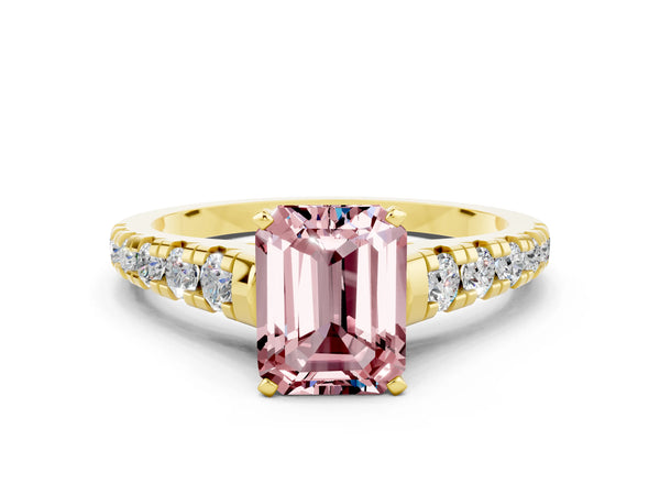 Yellow gold Emerald Cut Morganite Cathedral Solitaire Ring with Round  Pavé Band