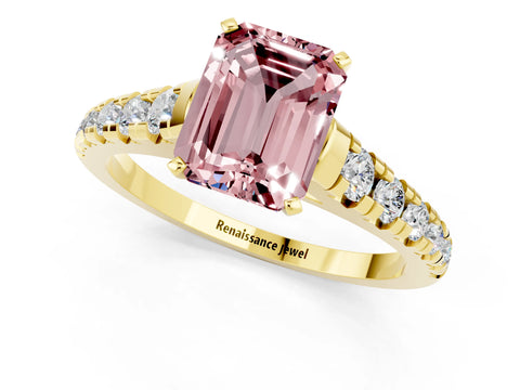Yellow gold Fancy White Emerald Cut Morganite Solitaire Ring with Cathedral Setting and Pavé Band_1