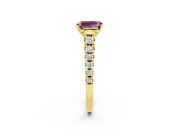Yellow gold Emerald Cut Morganite Cathedral Solitaire Ring with Round  Pavé Band