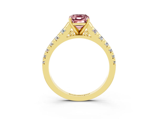 Yellow gold Emerald Cut Morganite Cathedral Solitaire Ring with Round  Pavé Band