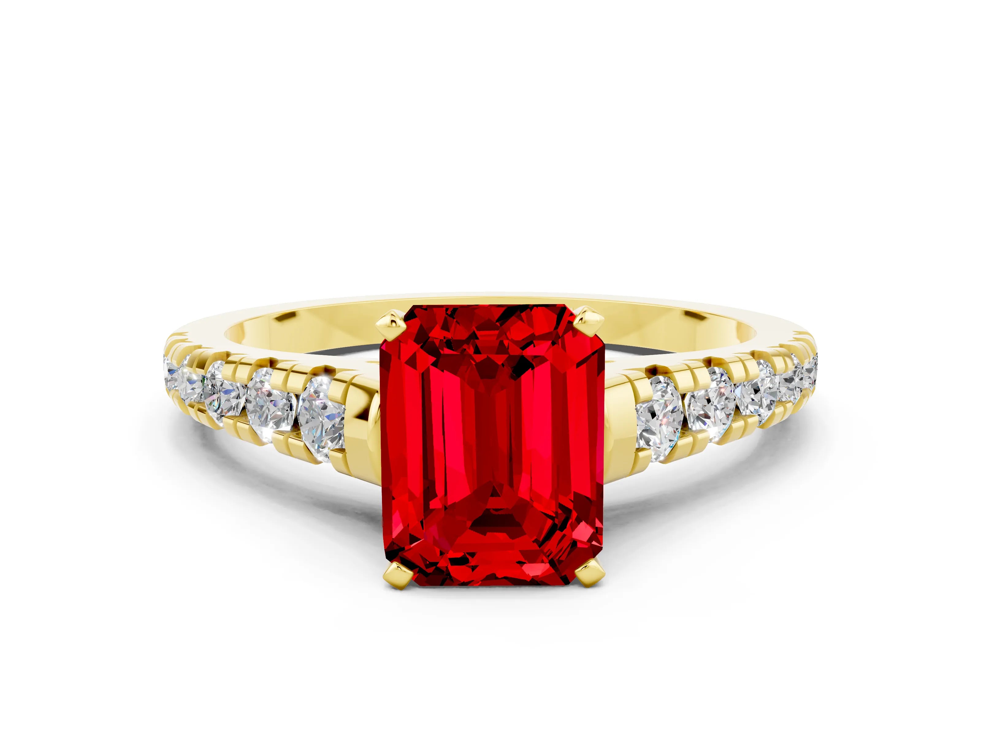 Yellow gold Fancy White Emerald Cut Ruby Solitaire Ring with Cathedral Setting and Pavé Band