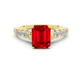 Yellow gold Fancy White Emerald Cut Ruby Solitaire Ring with Cathedral Setting and Pavé Band