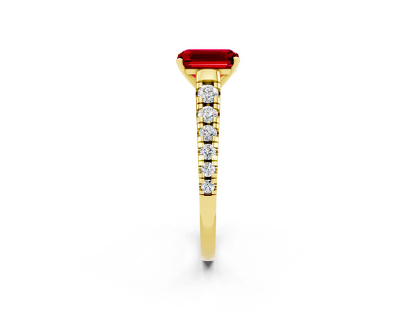 Yellow gold Emerald Cut Ruby Cathedral Solitaire Ring with Round  Pavé Band