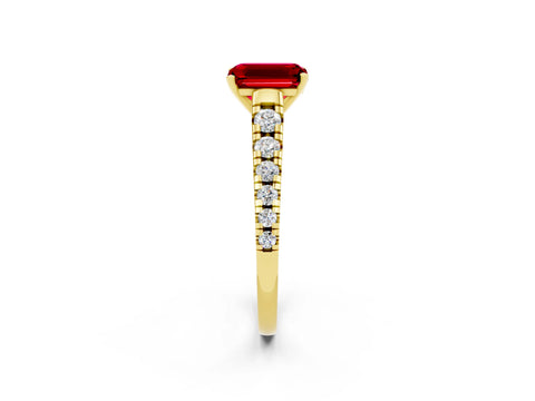 Yellow gold Fancy White Emerald Cut Ruby Solitaire Ring with Cathedral Setting and Pavé Band_2