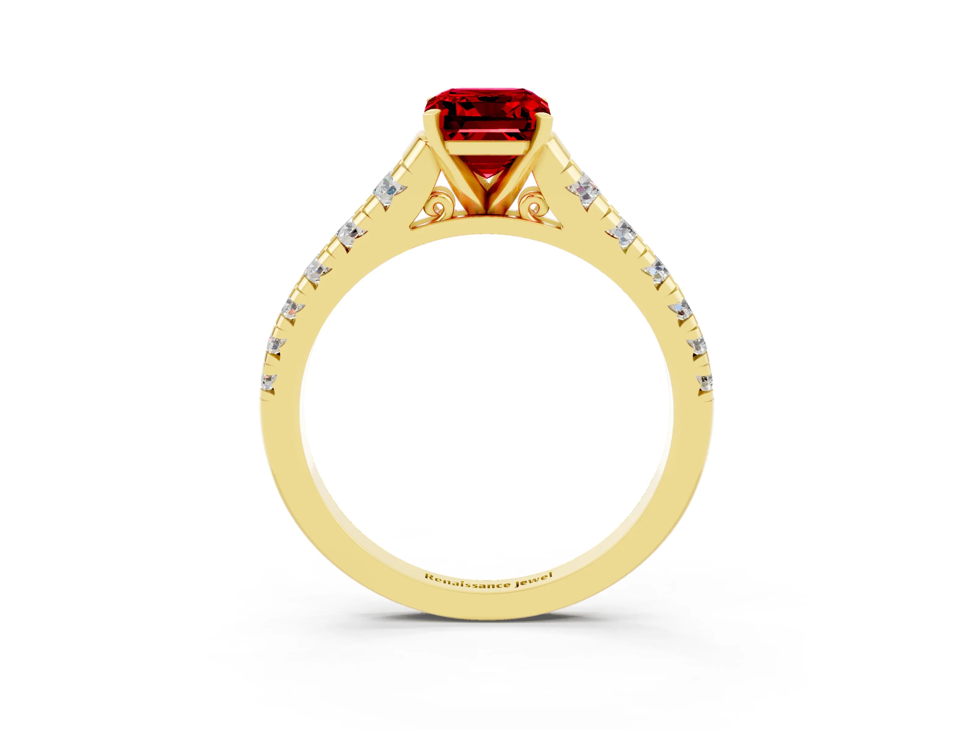 Yellow gold Fancy White Emerald Cut Ruby Solitaire Ring with Cathedral Setting and Pavé Band_3