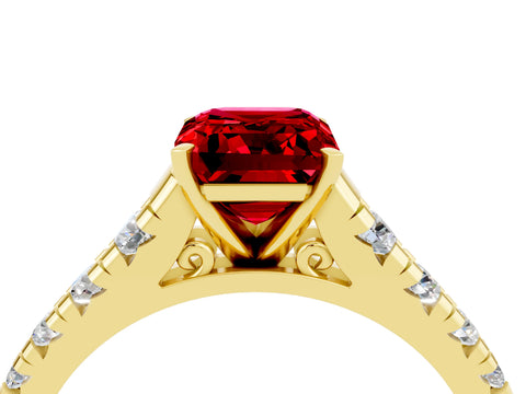 Yellow gold Fancy White Emerald Cut Ruby Solitaire Ring with Cathedral Setting and Pavé Band_4