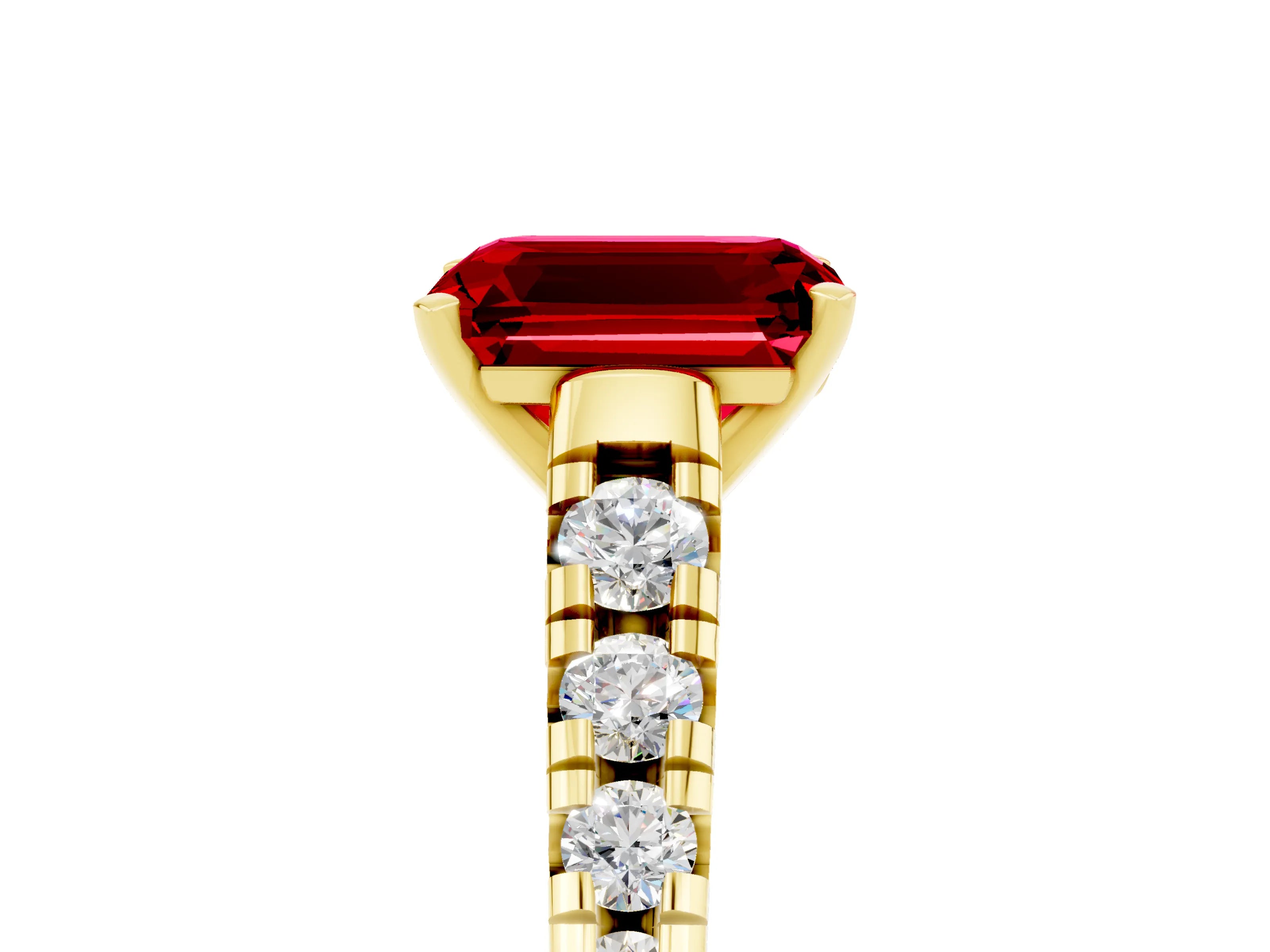 Yellow gold Fancy White Emerald Cut Ruby Solitaire Ring with Cathedral Setting and Pavé Band_5