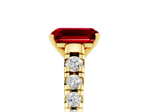 Yellow gold Fancy White Emerald Cut Ruby Solitaire Ring with Cathedral Setting and Pavé Band_5