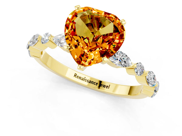 Yellow gold Heart Cut Citrine Ring with Marquise and Round  Side Stones and Four-Prong Setting