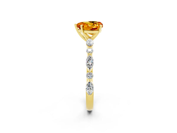 Yellow gold Heart Cut Citrine Ring with Marquise and Round  Side Stones and Four-Prong Setting