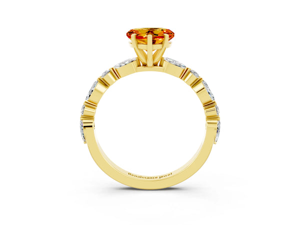 Yellow gold Heart Cut Citrine Ring with Marquise and Round  Side Stones and Four-Prong Setting