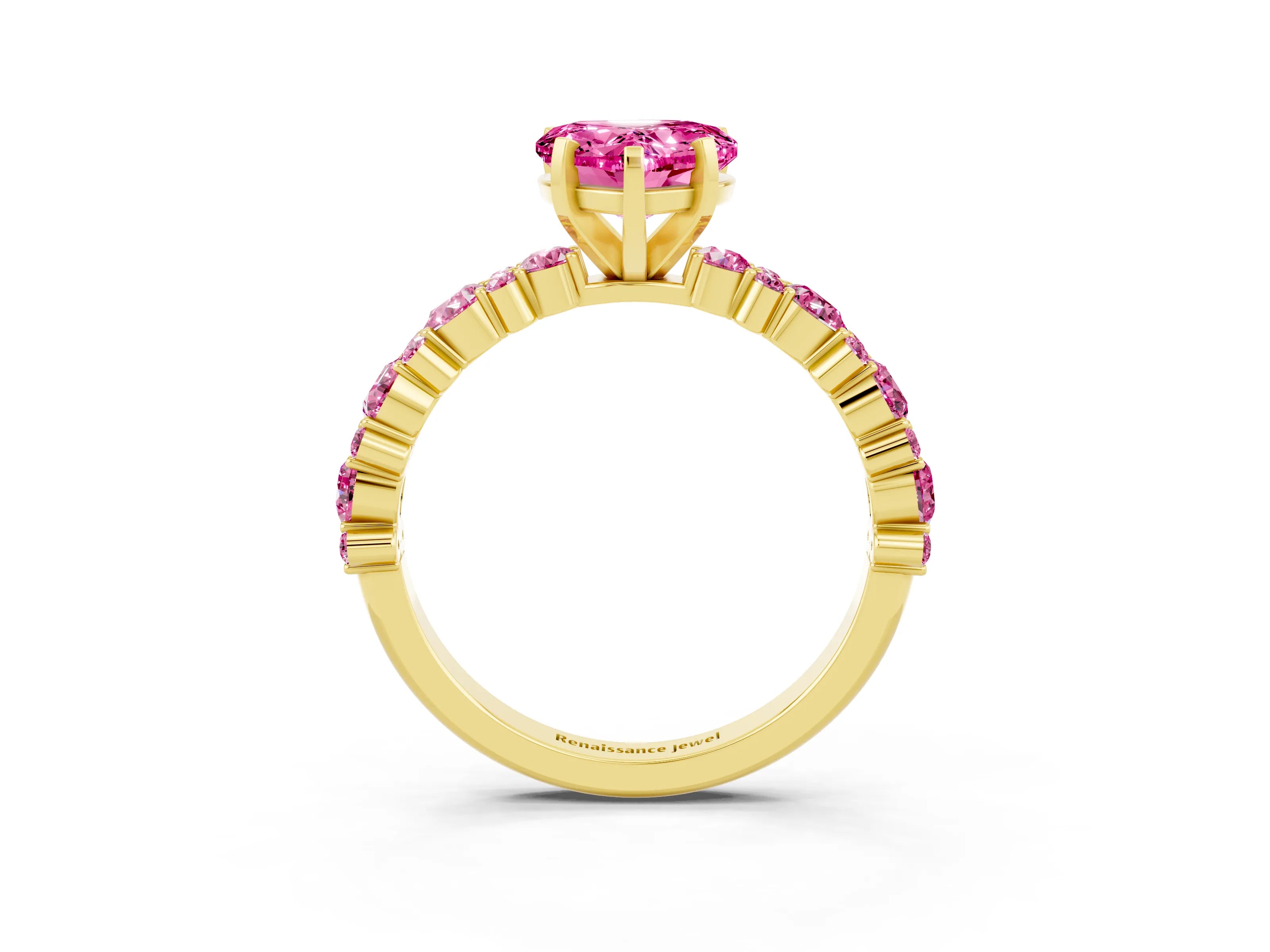 Yellow gold Fancy White Heart Cut Pink Sapphire Solitaire with Side Stones, Pave Band, Four-Prong Setting_15