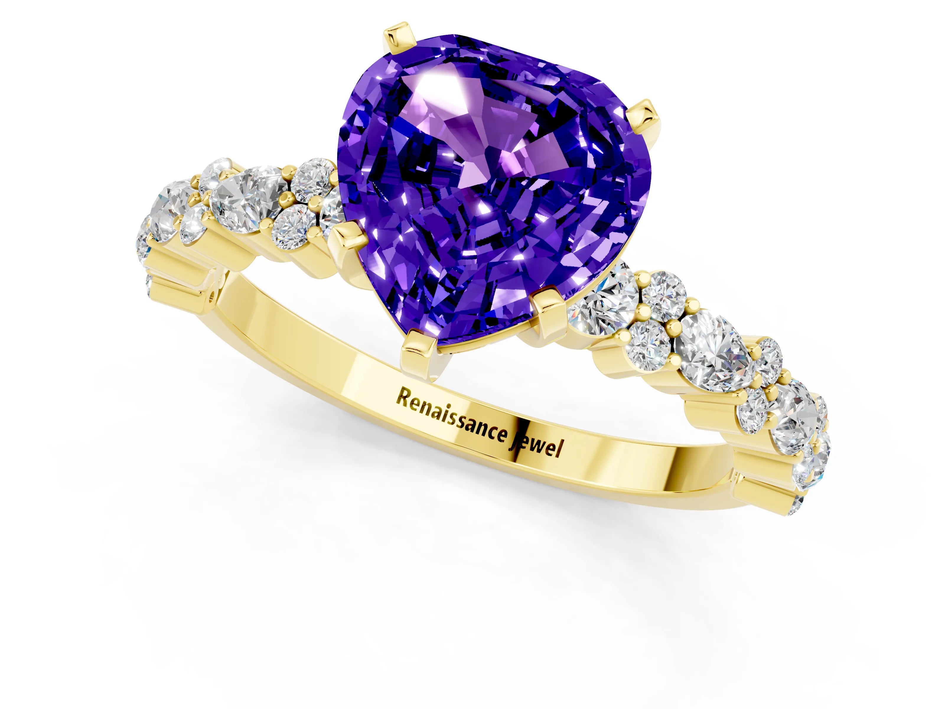 Yellow gold Fancy White Heart Cut Tanzanite Solitaire with Side Stones, Pave Band, Four-Prong Setting_1