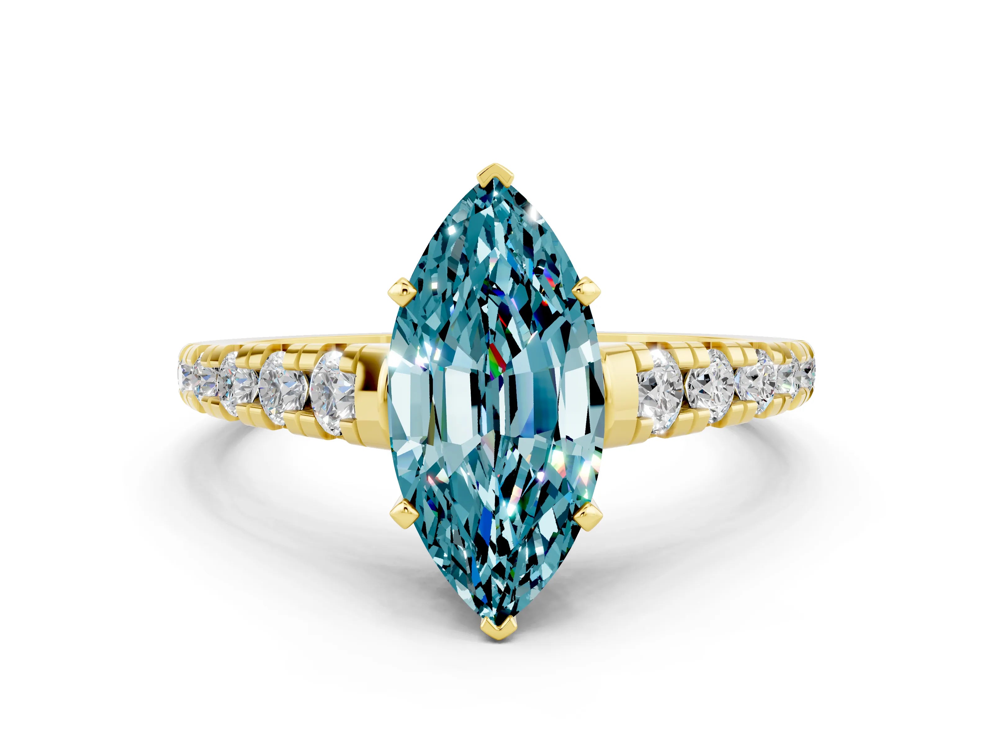 Yellow gold Fancy White Marquise Cut Blue Topaz Solitaire Ring with Cathedral Setting and Pavé Band