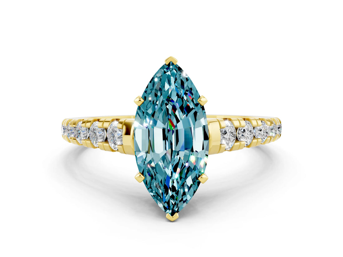 Yellow gold Fancy White Marquise Cut Blue Topaz Solitaire Ring with Cathedral Setting and Pavé Band