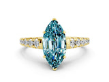 Yellow gold Fancy White Marquise Cut Blue Topaz Solitaire Ring with Cathedral Setting and Pavé Band