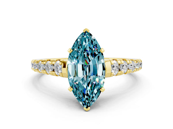 Yellow gold Marquise Cut Blue Topaz Cathedral Solitaire Ring with Round  Pavé Band