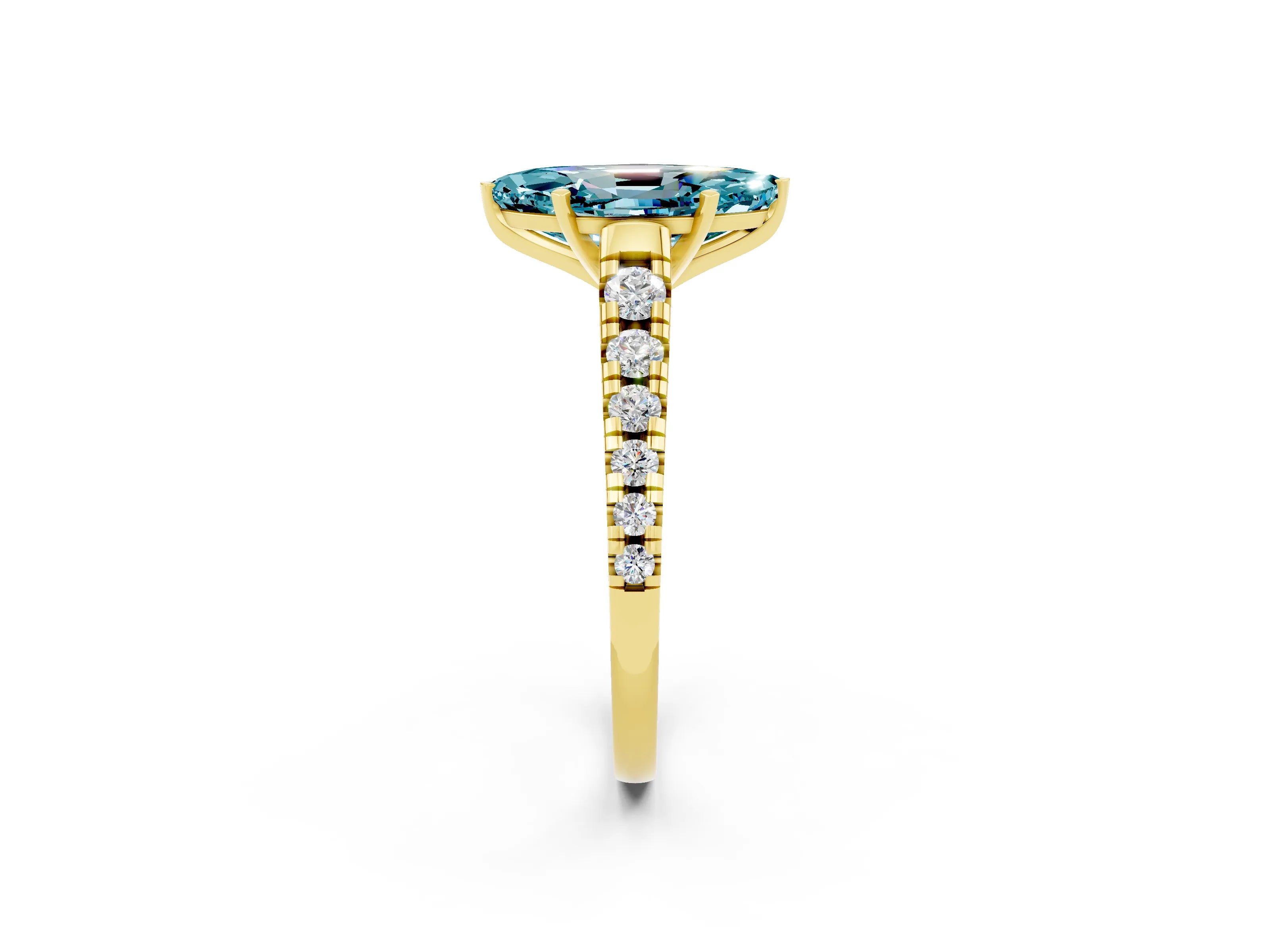 Yellow gold Fancy White Marquise Cut Blue Topaz Solitaire Ring with Cathedral Setting and Pavé Band_2